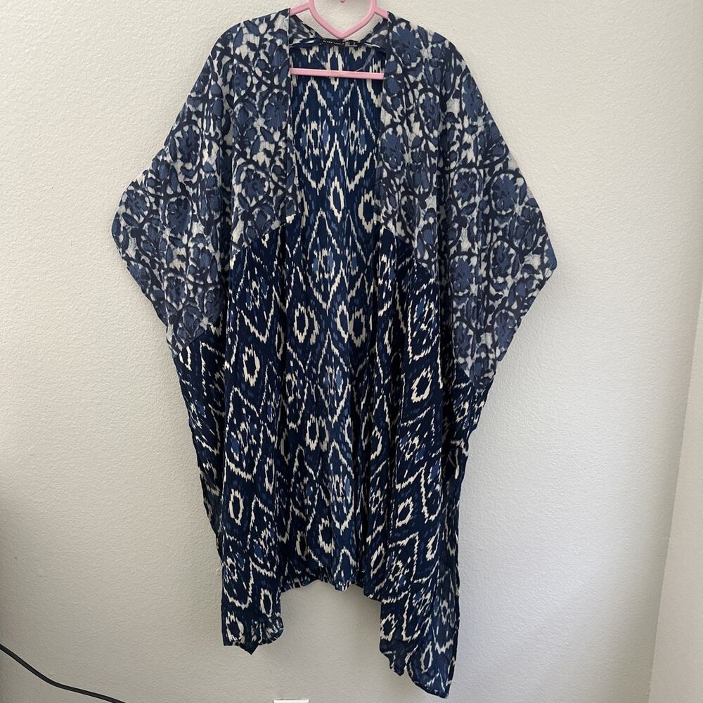 Black Tape Blue Kimono Mixed Panel Lightweight Resort Vacation Open Front SZ Sm